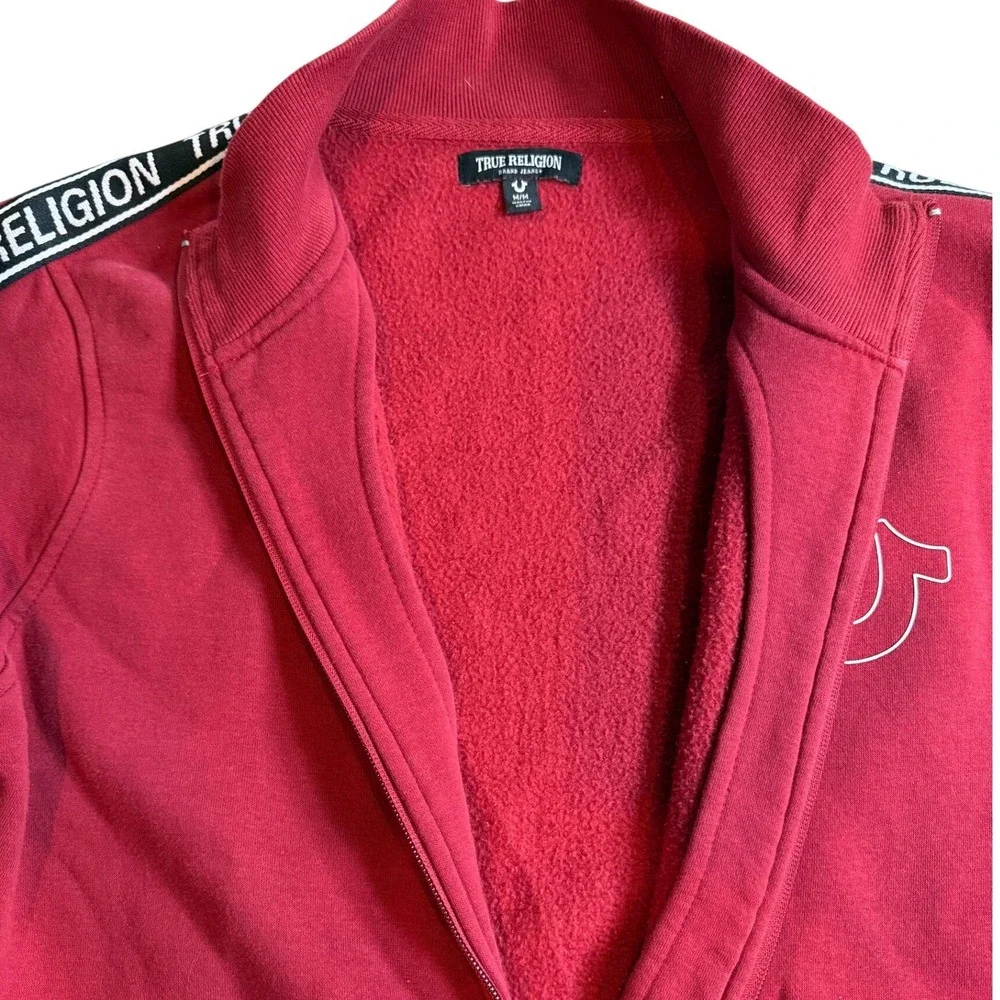 True Religion Mens Red Logo Tape Full Zip Track Jacket Fleece Sweatshirt Medium